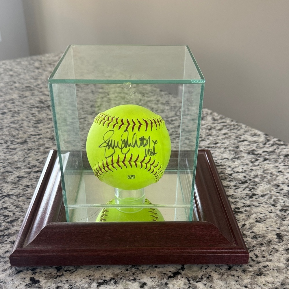 Autographed ‘Jennie Finch’ Softball in Glass Display Case